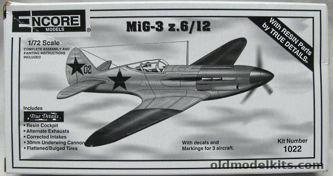 Encore 1/72 Mig-3 x.6/12 - With True Details Resin Parts, 1022 plastic model kit